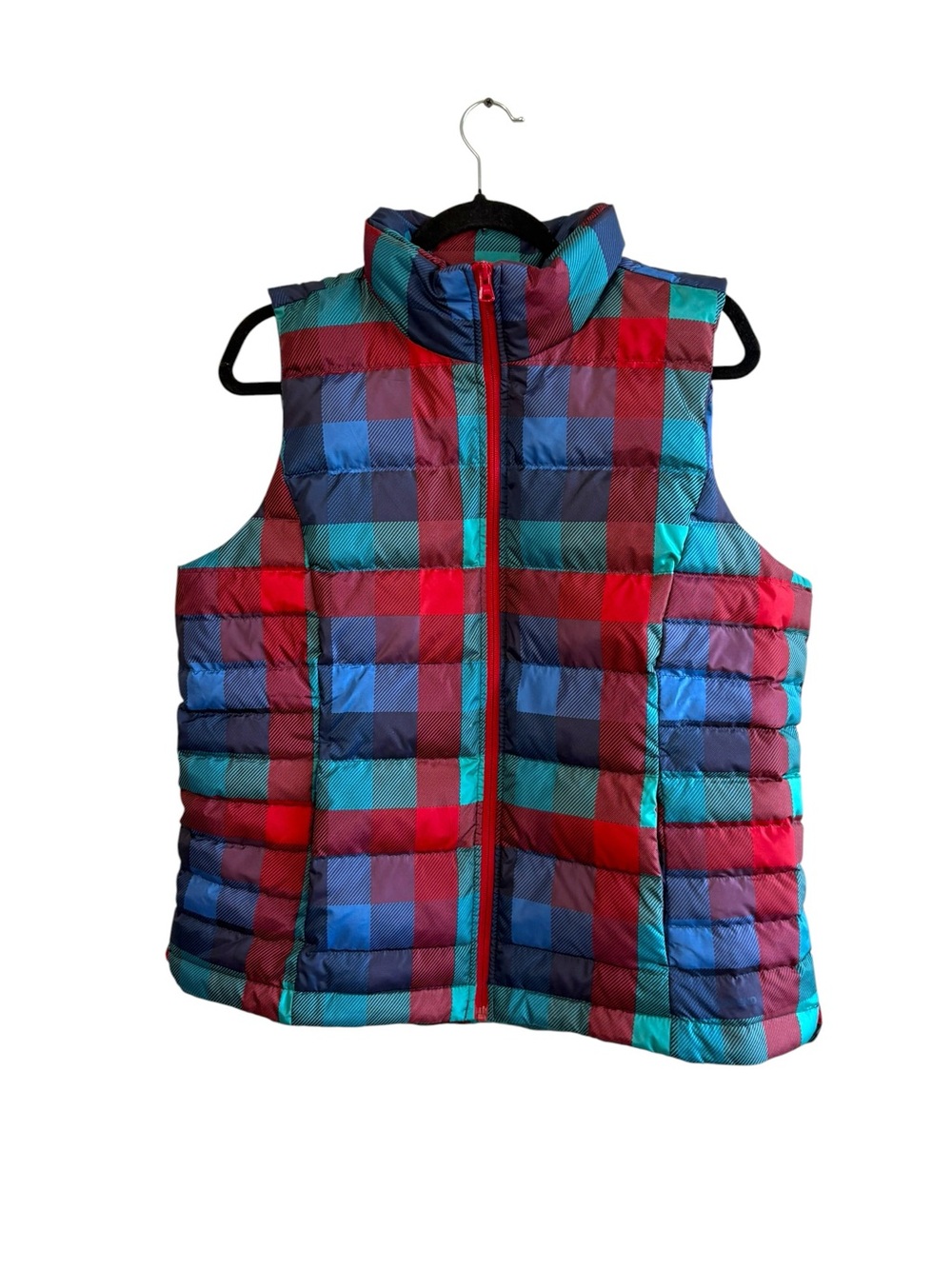 Lands End Size Large Down Filled Red Blue Checkered Puffer Vest Outdoor Gorpcore